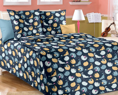 Постельное белье Кошки 1 Перкаль синий